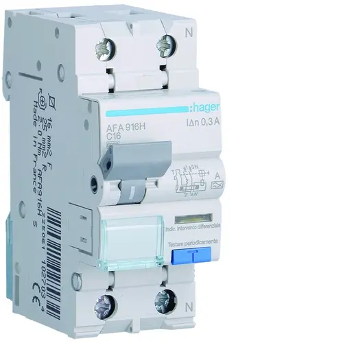 Hager AFA916H aardlekautomaat 16A 1p+N 300mA C-karakteristiek 6kA Klasse-A