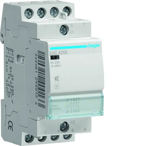 Hager ESC425S magneetschakelaar 25A 4x maakcontact 230V AC geruisarm 50/60Hz.