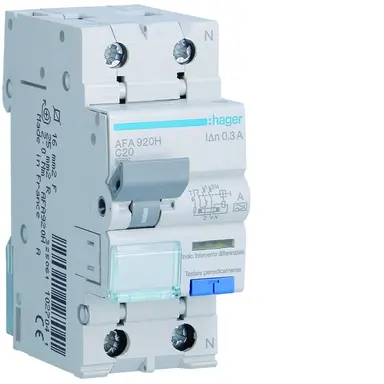 Hager AFA920H aardlekautomaat 1P+N 20A C-karakteristiek 6kA 300mA klasse A