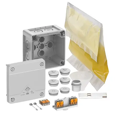 Spelsberg Abox Pro XT SLK-2,5 kabeldoos met 3 onderliggende 3-voudige lasklemmen en giethars 92 x 92 x 60 mm IP68 grijs