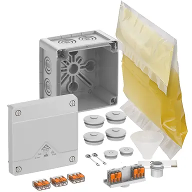 Spelsberg Abox Pro XT SLK-4 kabeldoos met 5 onderliggende 3-voudige lasklemmen en giethars 102 x 102 x 70 mm IP68 grijs