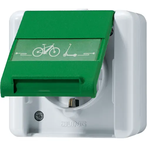 JUNG 820 GN NAWEB wandcontactdoos 1-voudig opbouw met fietslaadsymbool tekstvenster en groen klapdeksel IP44 WG800