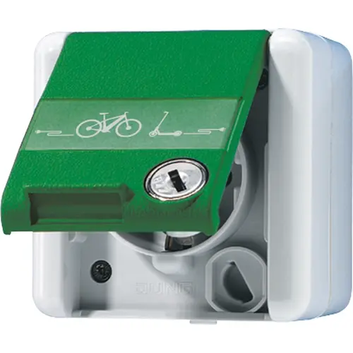 JUNG 820 GN NAWSLEB wandcontactdoos 1-voudig opbouw met fietslaadsymbool tekstvenster slot en groen klapdeksel IP44 WG800