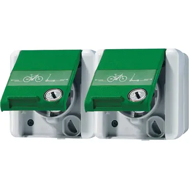 JUNG 8220 GN NAWSLEB wandcontactdoos 2-voudig opbouw met fietslaadsymbool tekstvenster slot en groen klapdeksel IP44 WG800