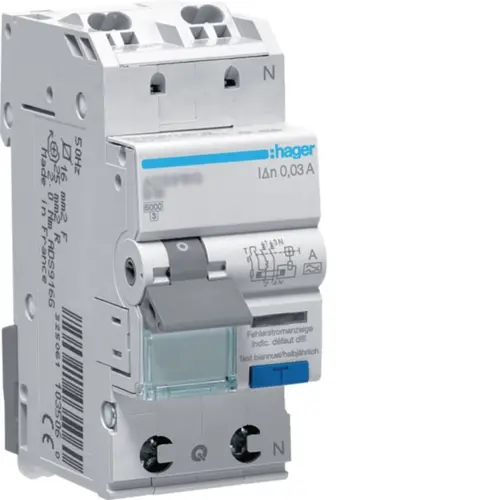 Hager ADS970G aardlekautomaat quickconnect 20A 1p+N 30mA C-karakteristiek 6kA Klasse-A