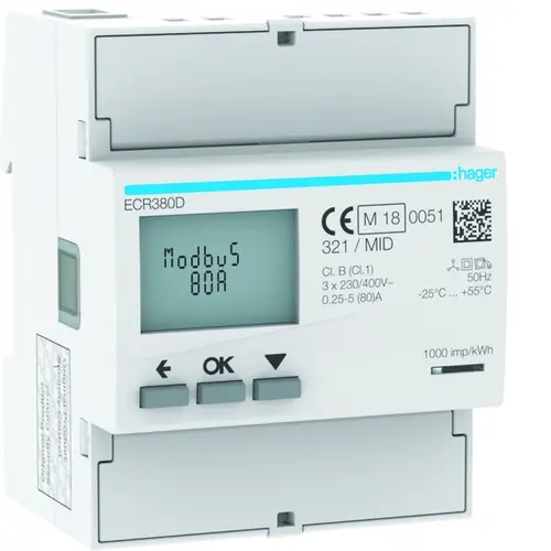 Hager ECR380D kwh-meter 3-fase dir 80a 4m