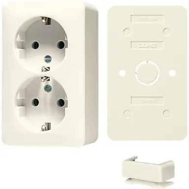 JUNG B 6020 A opbouw wandcontactdoos 2-voudig randaarde incl. bodemplaat en invoerstuk AP600 creme