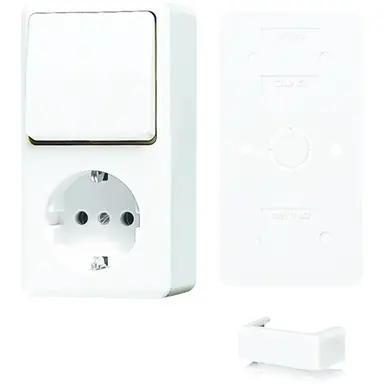 JUNG B 676 A WW combinatie wisselschakelaar/wandcontactdoos opbouw randaarde incl. bodemplaat AP600 alpine wit