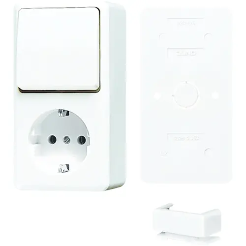 JUNG B 676 A WW combinatie wisselschakelaar/wandcontactdoos opbouw randaarde incl. bodemplaat AP600 alpine wit