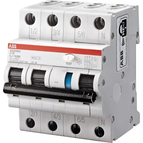 ABB DS203NC B16 A30 aardlekautomaat 3p+N 16A 30mA B-karakteristiek 6kA