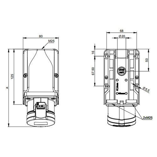PCE 913-6V wandcontactdoos CEE 3-polig 16A 230V klokstand 6h IP44 3xM25
