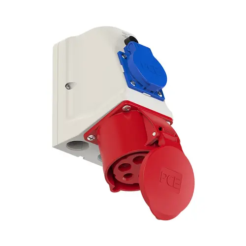 PCE 9225-6V combinatie wandcontactdoos CEE 5-polig 32A 400V rood 6h en 230V blauwe wcd 10A IP44