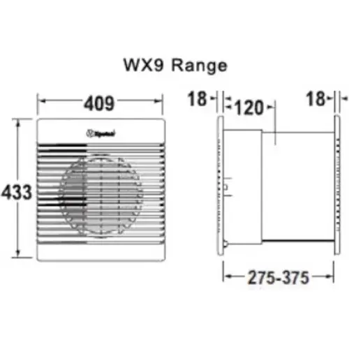 Xpelair WX 9 WX9 508mm muurinbouwventilator 433x409mm 843m3 230V 55W