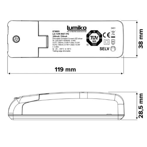 Klemko LED-DRV-13W-INST-PD-ZS Lumiko 876805 LED driver constante stroom 350/700mA 13,3W 6-38V, dimbaar