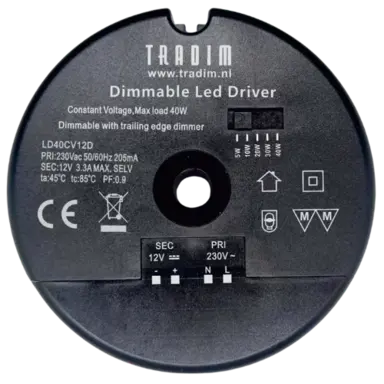 Tradim LD40CV12D dimbare LED-driver rond met gat 12V CV 1-40W