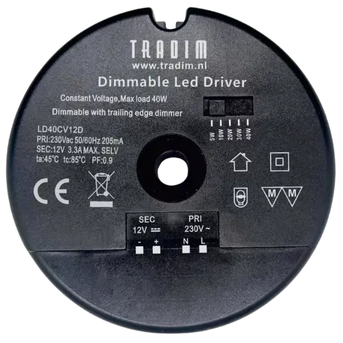 Tradim LD40CV12D dimbare LED-driver rond met gat 12V CV 1-40W