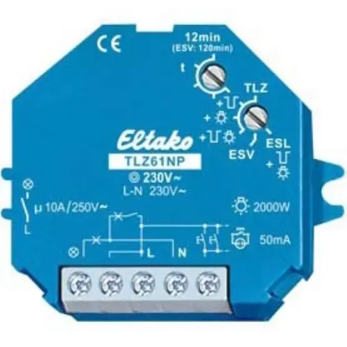 Eltako TLZ61NP-230V+UC trappenhuisautomaat voor inbouw. 1 NO niet potentiaalvrij 10A/250V AC