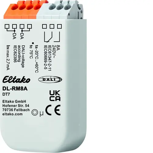 Eltako DL-RM8A 1-kanaals schakelactor met DALI stuuringang DT7. 1 CO 8A/250V AC