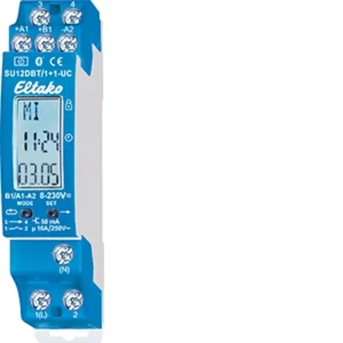 Eltako SU12DBT/1+1-UC 2-kanaals schakelklok. 1+1 NO potentiaalvrije contacten. Met Bluetooth