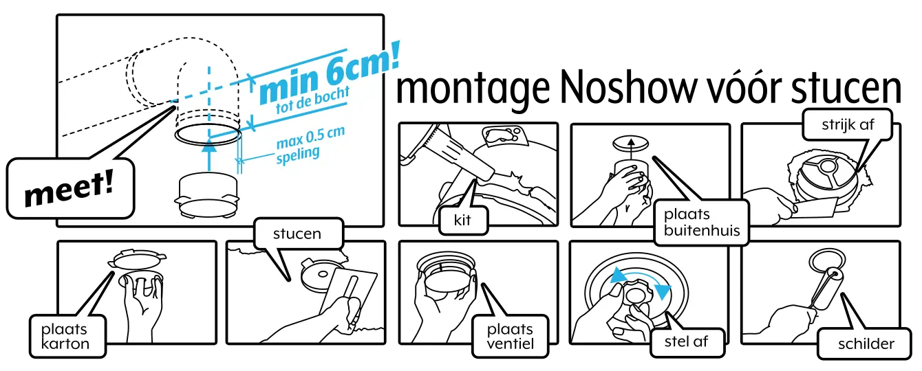Handleiding: NoShow-ventilatieventiel monteren vóór het stucen van het plafond