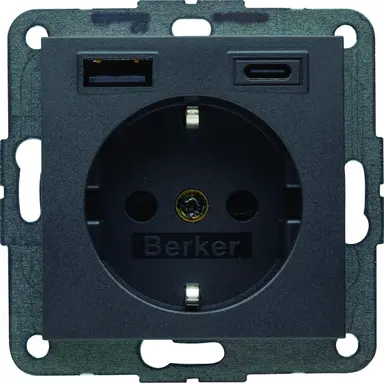 Berker 48141606 wandcontactdoos randaarde kindveilig USB-A en USB-C S1/B3/B7 antraciet mat