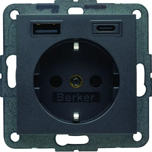 Berker 48141606 wandcontactdoos randaarde kindveilig USB-A en USB-C S1/B3/B7 antraciet mat