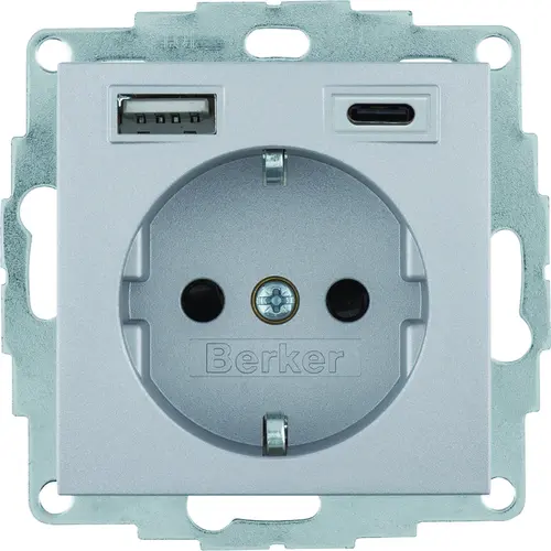 Berker 48141404 wandcontactdoos randaarde kindveilig USB-A en USB-C S1/B3/B7 aluminium mat