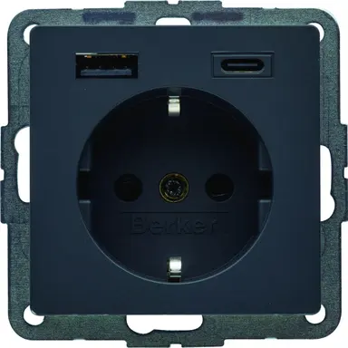 Berker 48146086 wandcontactdoos randaarde kindveilig USB-A en USB-C Q1/Q3/Q7 antraciet