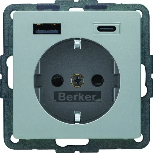 Berker 48146084 wandcontactdoos randaarde kindveilig USB-A en USB-C Q1/Q3/Q7 aluminium