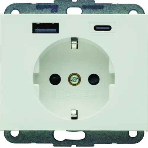 Berker 48147009 wandcontactdoos randaarde kindveilig USB-A en USB-C K1 wit