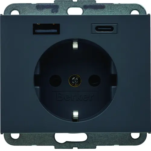 Berker 48147006 wandcontactdoos randaarde kindveilig USB-A en USB-C K1 antraciet