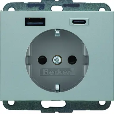 Berker 48147003 wandcontactdoos randaarde kindveilig USB-A en USB-C K5 aluminium