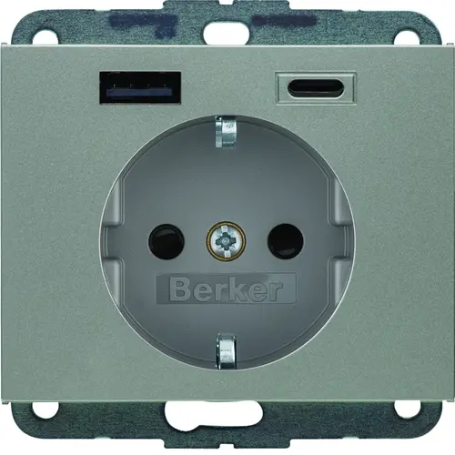 Berker 48147004 wandcontactdoos randaarde kindveilig USB-A en USB-C K5 edelstaal