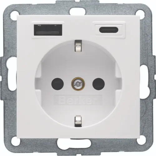 Berker 48148989 wandcontactdoos randaarde USB-A en USB-C S1/B3/B7 wit glans
