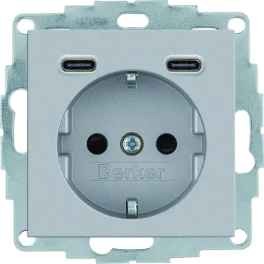 Berker 48151404 wandcontactdoos randaarde 2 x USB-C S1/B3/B7 aluminium mat