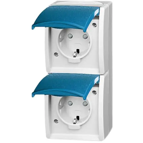 Busch-Jaeger 20-02 EBW-53 wandcontactdoos 2-voudig randaarde kindveilig met klapdeksels opbouw Ocean IP44 grijs/blauw