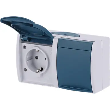 Busch-Jaeger 20/2 EBW-53 wandcontactdoos 2-voudig randaarde kindveilig met klapdeksels opbouw Ocean IP44 grijs/blauw