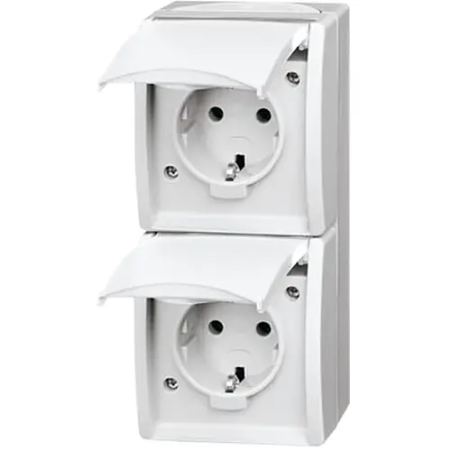 Busch-Jaeger 20-02 EW-54 wandcontactdoos 2-voudig randaarde met klapdeksels opbouw Ocean IP44 alpinwit