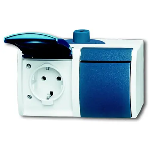 Busch-Jaeger 20/2 EW-53-503 wandcontactdoos 2-voudig randaarde met klapdeksels opbouw Ocean IP44 grijs/blauw