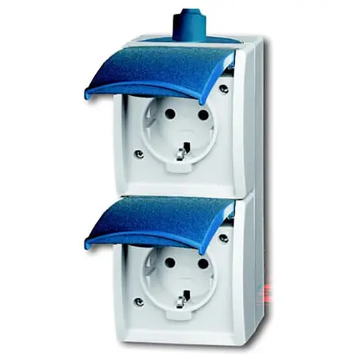 Busch-Jaeger 20-02 EW-53-503 wandcontactdoos 2-voudig randaarde met klapdeksels opbouw Ocean IP44 grijs/blauw