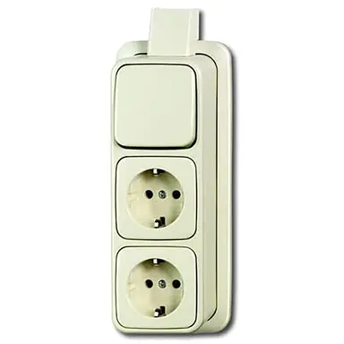 Busch-Jaeger 2601/6/2300/2 EAPJ combinatie wisselschakelaar/2x wandcontactdoos met randaarde K/P-25 opbouw AP plus creme