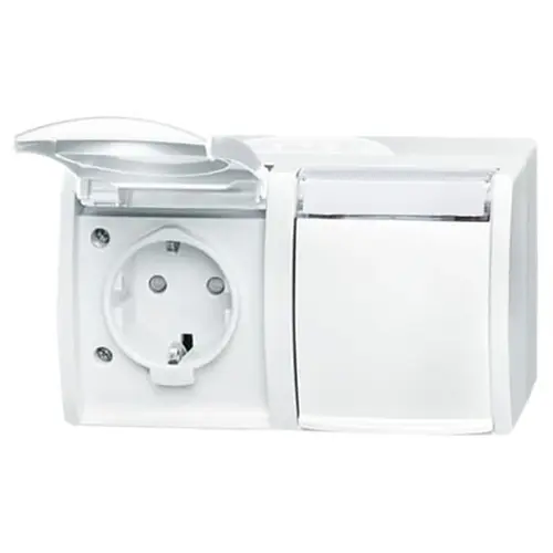 Busch-Jaeger 20/2 EBW-54 wandcontactdoos 2-voudig randaarde kindveilig met klapdeksels opbouw Ocean IP44 alpinwit
