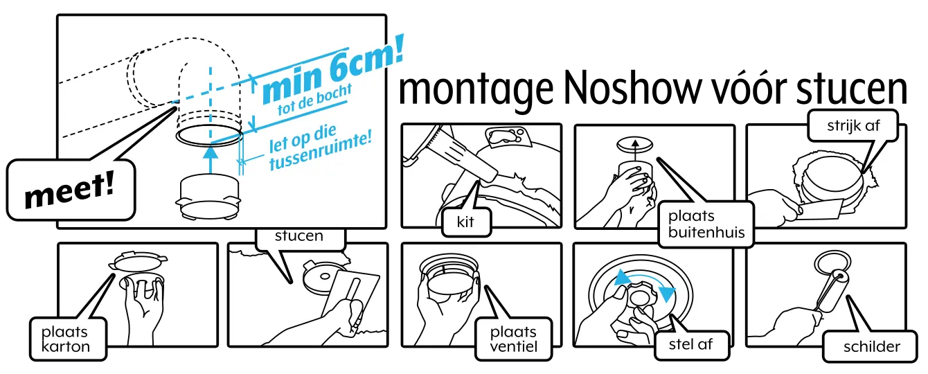 Handleiding: NoShow-ventilatieventiel monteren vóór het stucen van het plafond