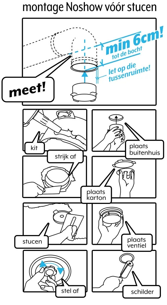 Handleiding: NoShow-ventilatieventiel monteren vóór het stucen van het plafond