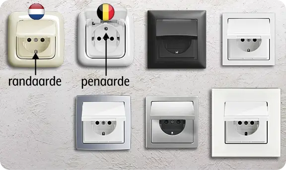 Voorbeelden van Busch-Jaeger stopcontacten en het verschil tussen randaarde en penaarde