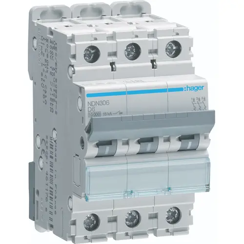 Hager NDN306 installatieautomaat 3p 6A 400V D-karakteristiek 10kA