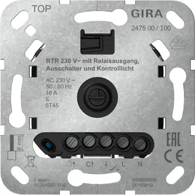 Gira 247500 basiselement ruimtetemperatuurregelaar 230V met relaisuitgang uitschakelaar en controlelamp