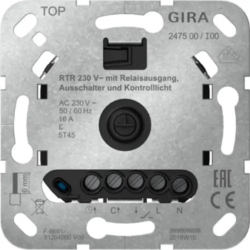 Gira 247500 basiselement ruimtetemperatuurregelaar 230V met relaisuitgang uitschakelaar en controlelamp