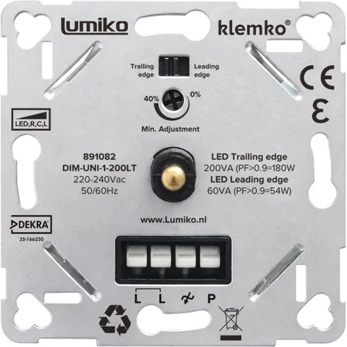 Klemko DIM-UNI-1-200LT Lumiko 891082 universele LED-dimmer fase af en aansnijding 1-200W