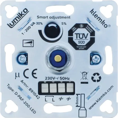 Klemko D-PAF200-LED Lumiko 891042 inbouwdimmer RC 1-200W steekklem
